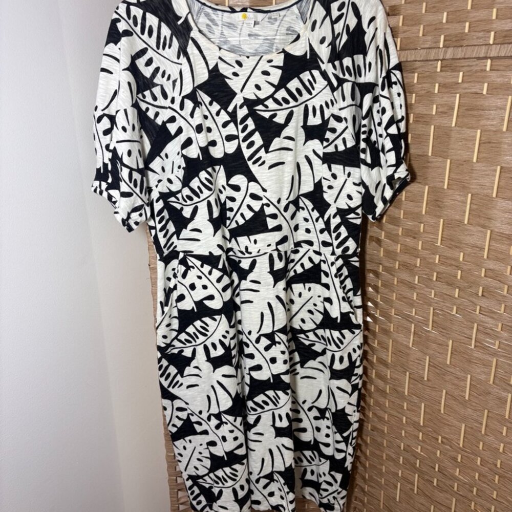 Women's Boden Knit 100% Cotton Black White Palm Print Jersey Dress Flattering 12